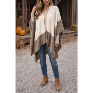 Marcus Adler Taupe Cream Colorblock Knit Shawl Poncho Wrap Cozy